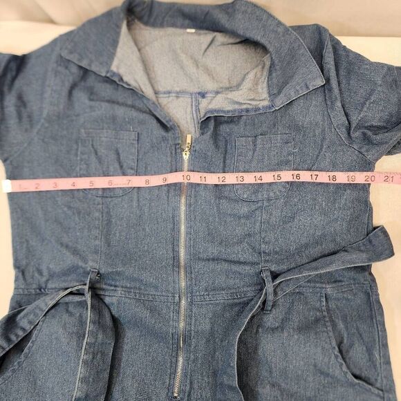 Women's Denim Jumpsuit V Neck Zip Up Short Sleeve Belted Jeans Romper XL - Picture 5 of 8